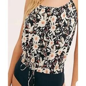 Free People Liza Floral Print Halter Tie Tank Cami Bodysuit Black Large